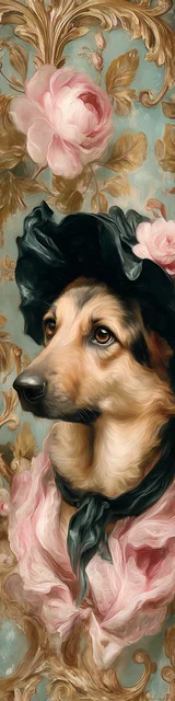 Free printable dog bookmark featuring baroque german shepherd with bonnet